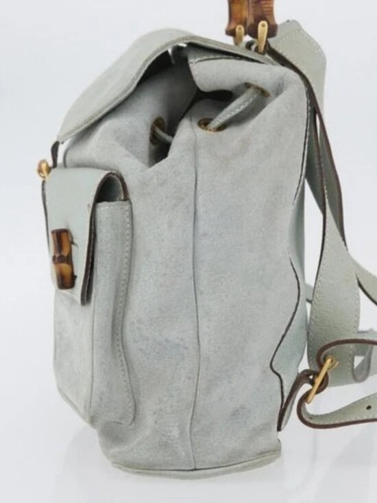 GUCCI Bamboo Backpack Suede Light Blue Gold 003 2058 0016 Auth LNZ552
